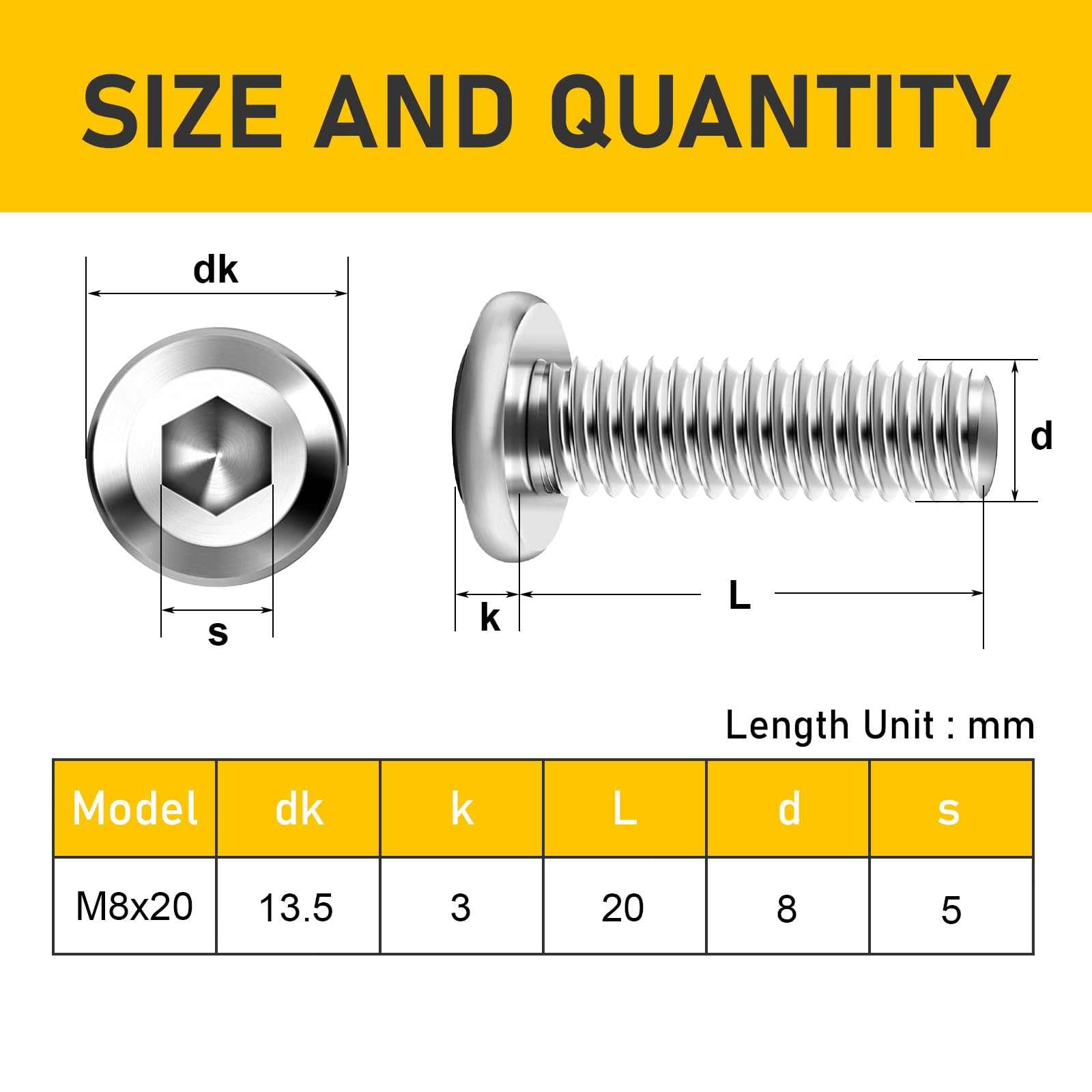 Valorada 20Pcs M8 Bolts, M8 x 20mm Flat Head Hex Socket Screws, 304 Stainless Steel Furniture Bolts - Image 2