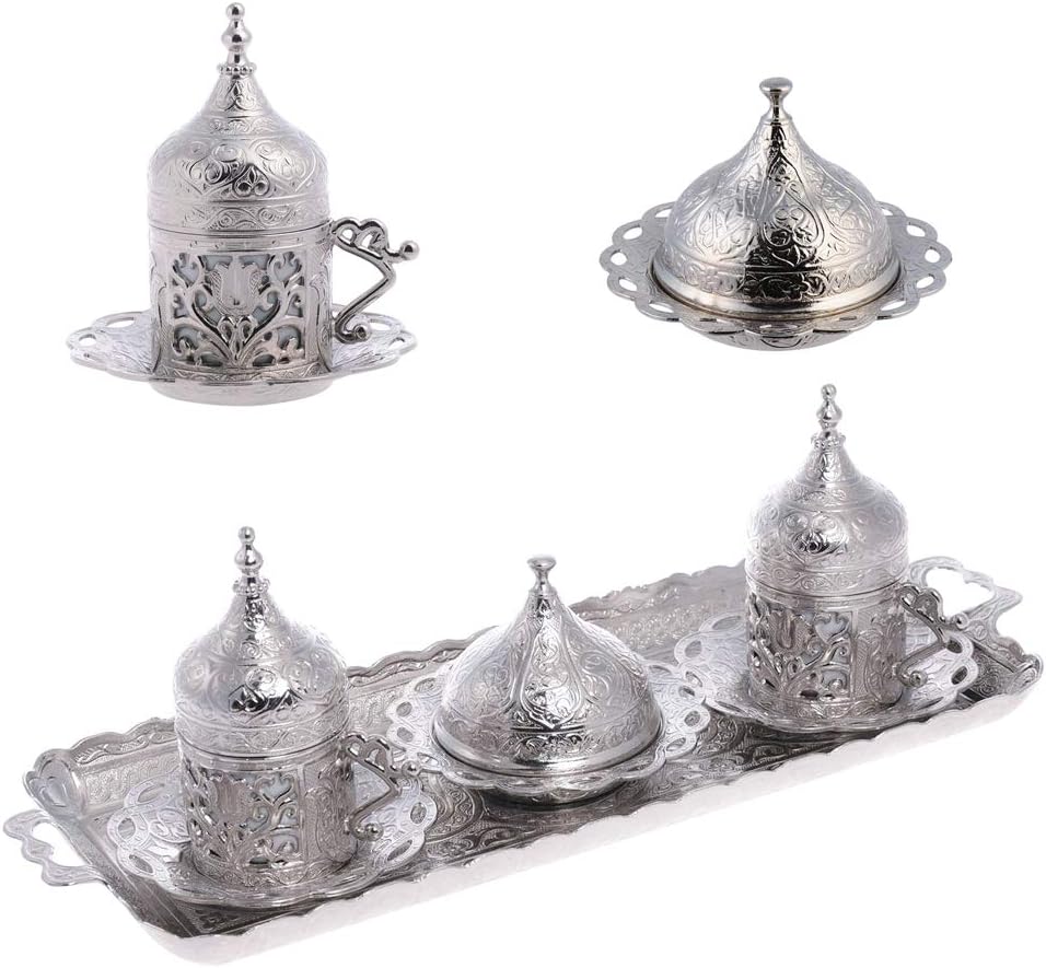 - Alisveristime Authentic Turkish Coffee Cup Set: Zamak & Porcelain, Tulip Motifs (Set of 2) (Lale) (Silver)