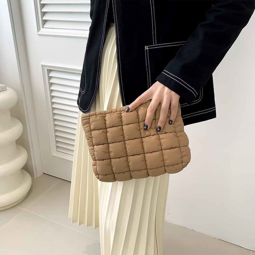 Puffy Makeup Bag with Handle Cute Quilted Cotton Cosmetic Bag Small Checkered Toiletry Zipper Pouch Purse, Green, Checkered Puffy Makeup Bag for Women (Brown)-ESRTJH-image-27