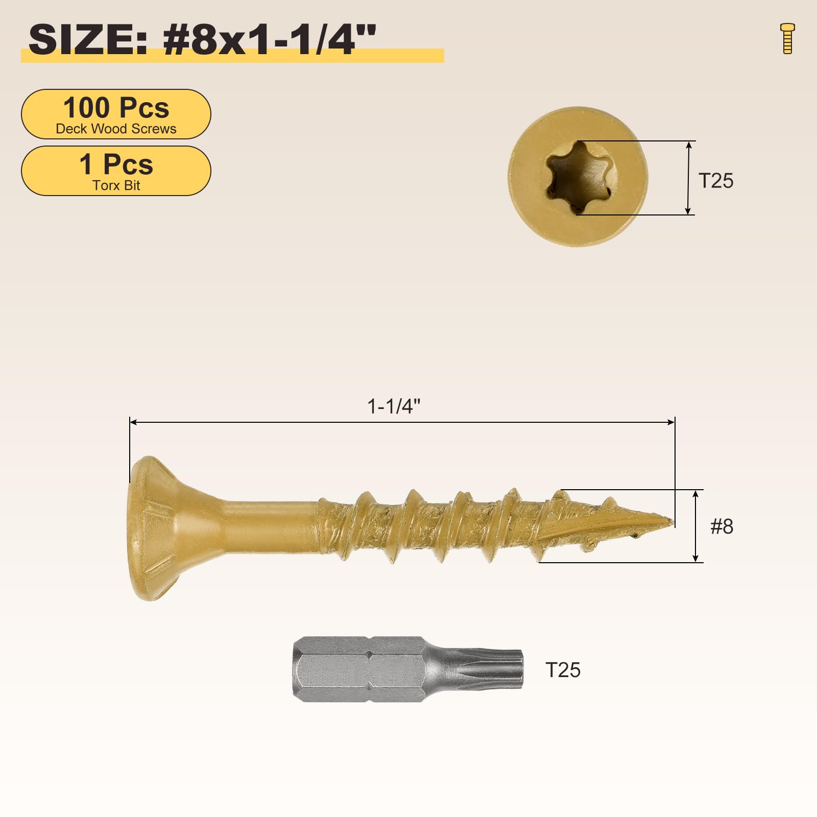 METALLIXITY Deck Screws (#8x1-1/4") 100Pcs, Carbon Steel Wood Screw Decking Screws Epoxy Coated with T25 Torx Drive Head - Image 2
