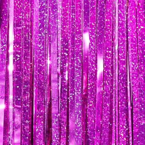 Image of PartyWoo Hot Pink Foil Fringe Curtain Red Rose Streamers 3pcs 8.2ft Magenta Tinsel Backdrop Dark Pink Curtains for Birthday Barbie Theme Galentines Bachelorette Tequila Sunrise Party Decorations