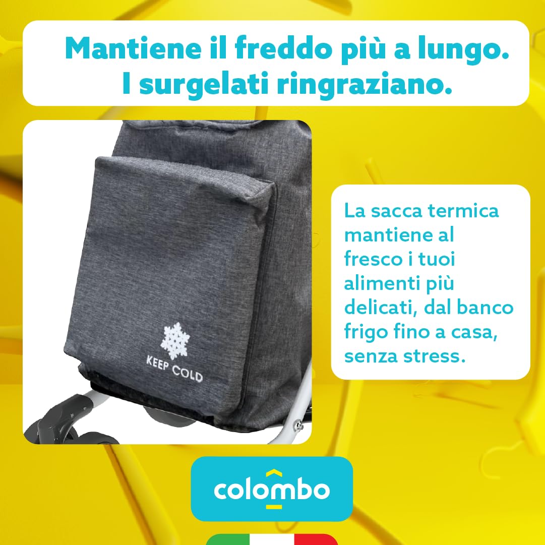 COLOMBO Troll Carrello Spesa in Alluminio Leggero e Resistente 60L con Borsa Termica 4L, 6 Ruote Push&Pull, Manubrio Regolabile Antiscivolo, Porta Monete – Carrello Spesa Pieghevole, Salvaspazio