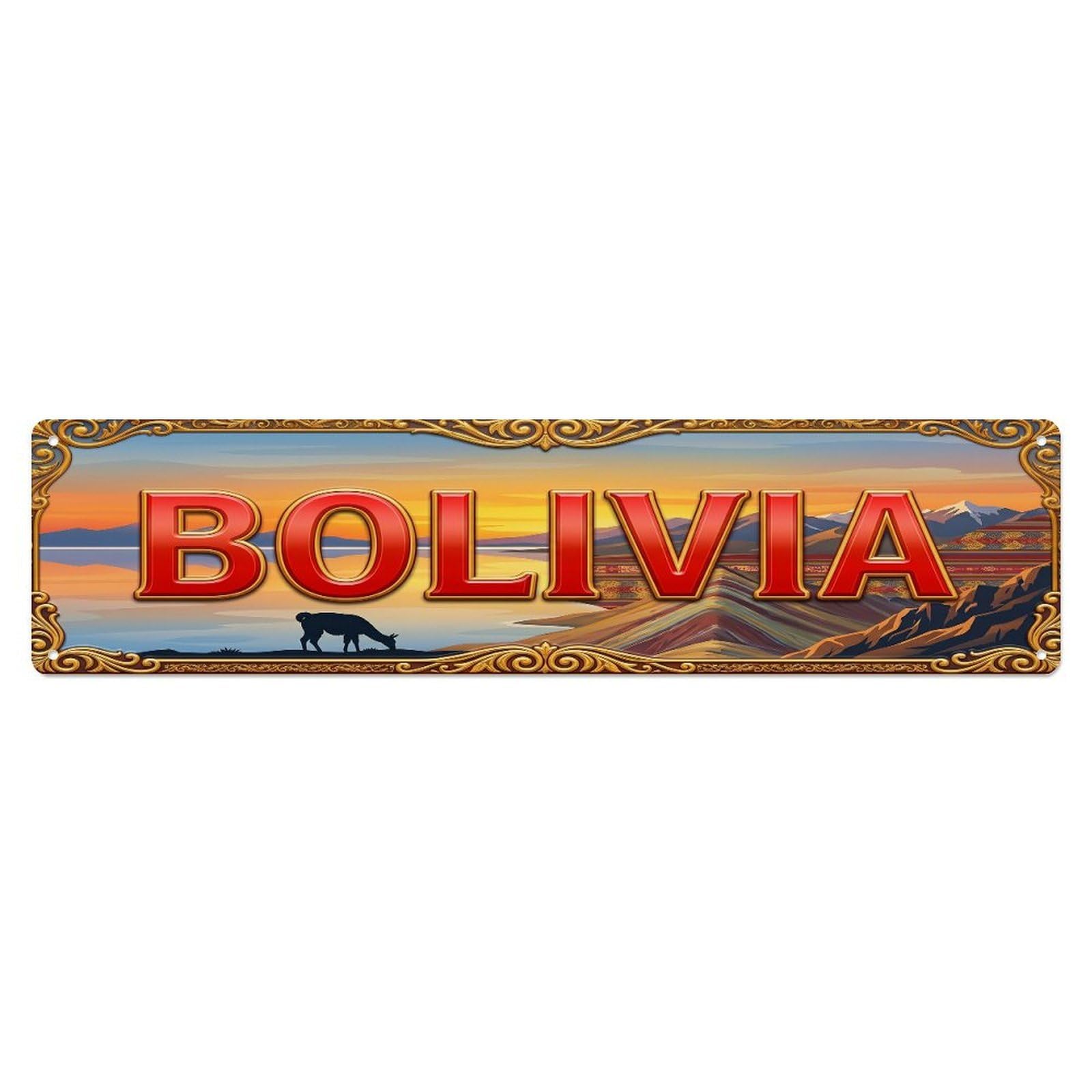 Olhnbad 4X16inch(10X40cm) Vintage Bolivia Flag Travel Pattern Metal Tin Sign