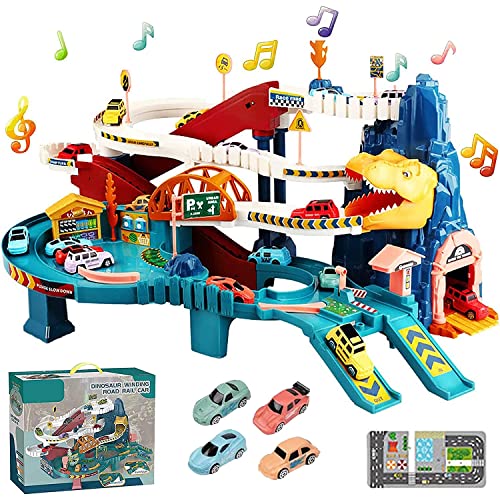 Image of Kidology Dinosaur Race Tracks for Kids 2+ Years | Rail Car Toy for Toddlers | Playset Adventure Toy with 4 Mini Cars | Climbing Hills Railcar Vehicles, Colorful and Fun Construction Play
