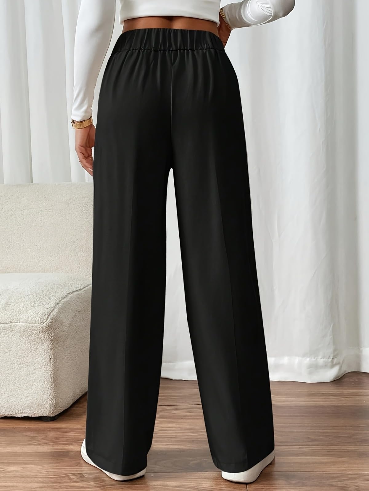 High Waist Wide Leg Trousers for Women Elegant Loose Fit Black Pants with Decorative Button for Office Casual — view 6