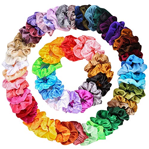 Sntieecr 65 Pieces Assorted Colors Hair Scrunchies Set with 50 Velvets Hair Scrunchies 15 Silk Satin Hair Scrunchy Elastic Hair Bands Tie Ropes Hair Bobbles for Women Ponytail Holder Hair Accessories