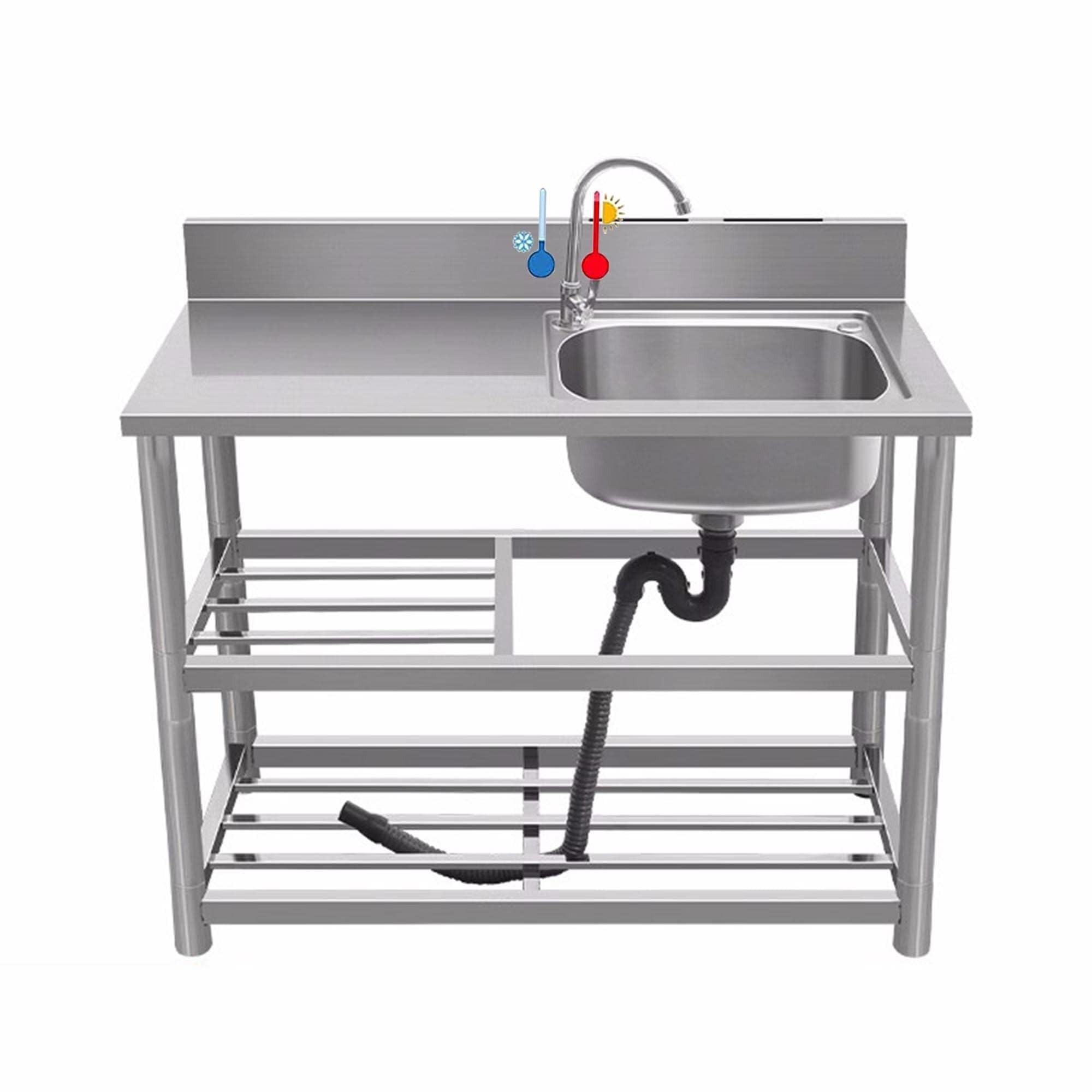 TAXXII Commercial Stainless Steel Kitchen Sink with Workbench, Free Standing Utility Outdoor 360° Rotating Faucet & Drain Kit(A,80x50x80CM)