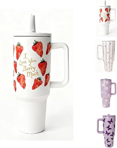 Strawberry 40 oz Insulated Tumbler with Handle,Stainless Steel Double Wall Vacuum Water Bottle, Leak‑Proof Lid & Straw, Keeps Drinks Hot & Cold, Cute Fruit Floral Tumbler for Women