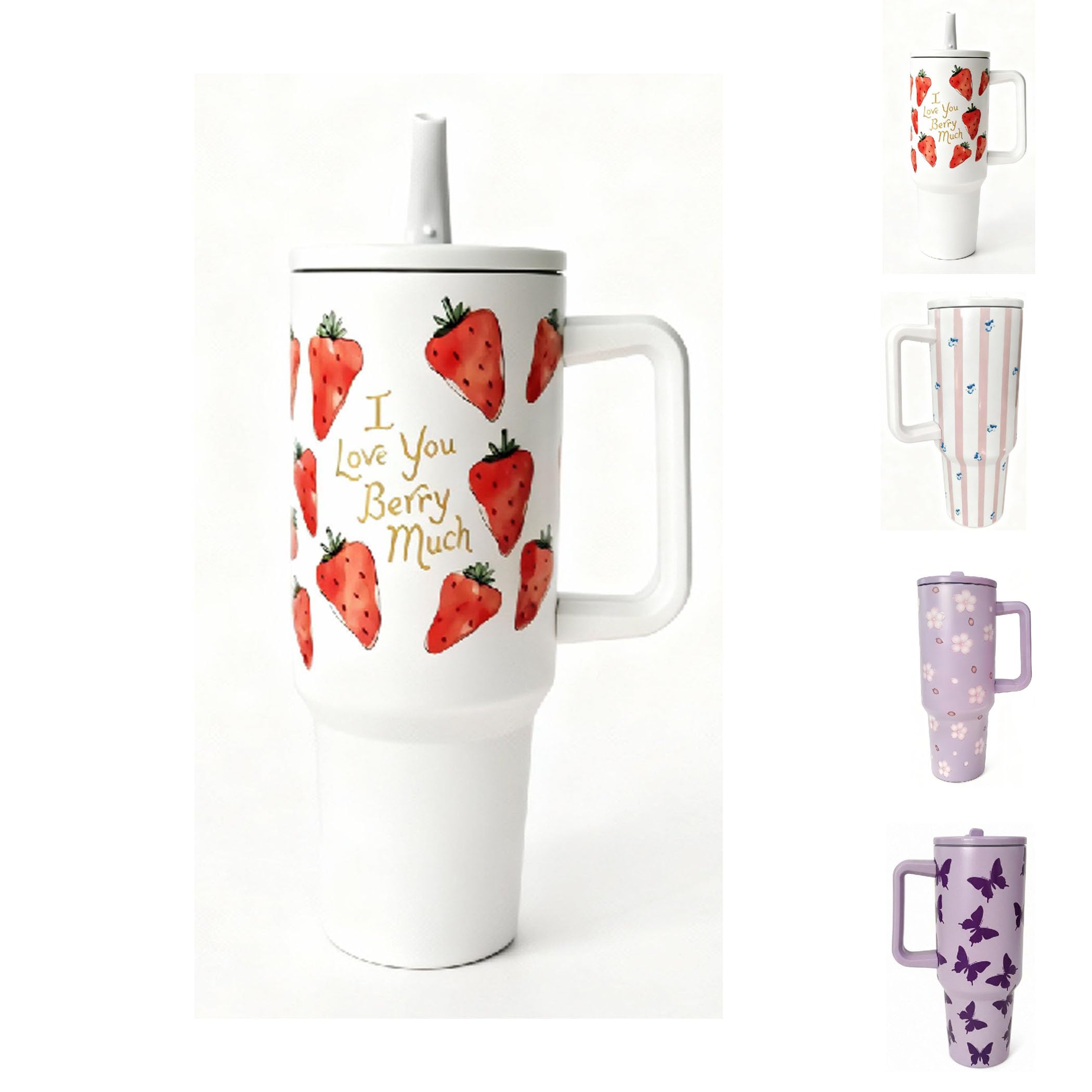 HJOCMLE Strawberry 40 oz Insulated Tumbler with Handle,Stainless Steel Double Wall Vacuum Water Bottle, Leak‑Proof Lid & Straw, Keeps Drinks Hot & Cold, Cute Fruit Floral Tumbler for Women