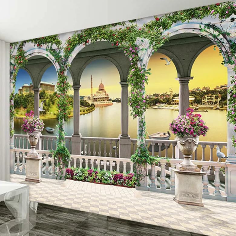 Papier peint panoramique 3D colonne romaine et paysage nature pour mur de salon 350x256 cm