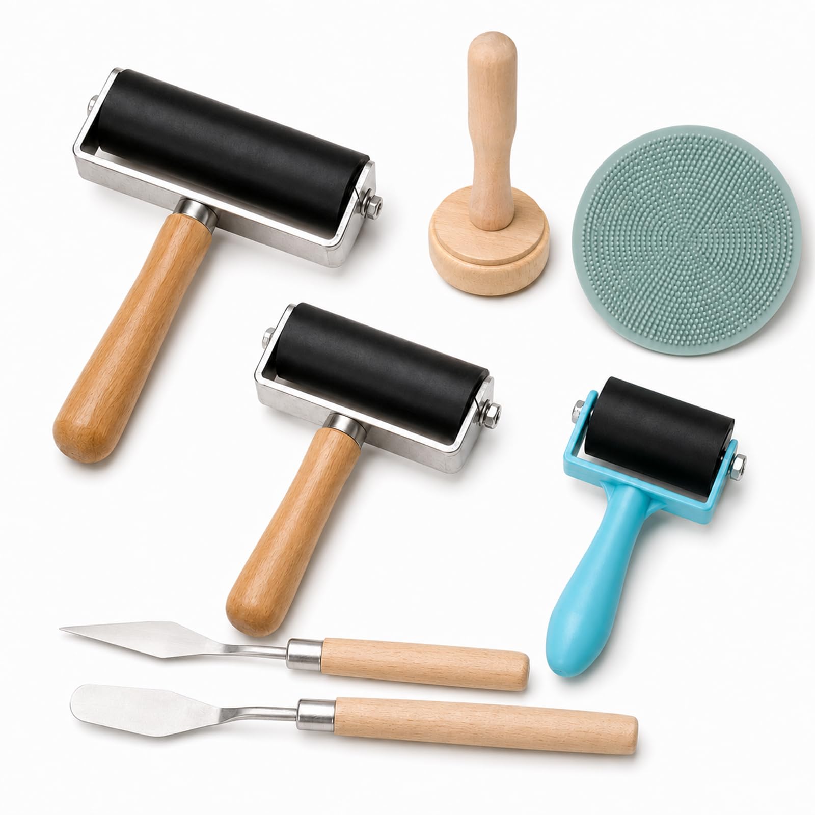 Set di 3 rulli Brayer in gomma morbida per la stampa con 2 raschietti, 3 misure di rullo di inchiostro per stampa a blocchi, piastra di plastica e rullo a funghi per stampaggio Linocut Gel Plate