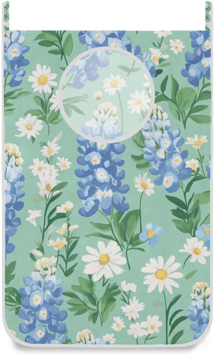 Mint Green Bluebonnet and Daisies Hanging Laundry Hamper Door Hampers Bag Basket with Stainless Steel Hooks Oxford Fabric Printing Decorative Clothes Bags 29.5X20inch 1Pack
