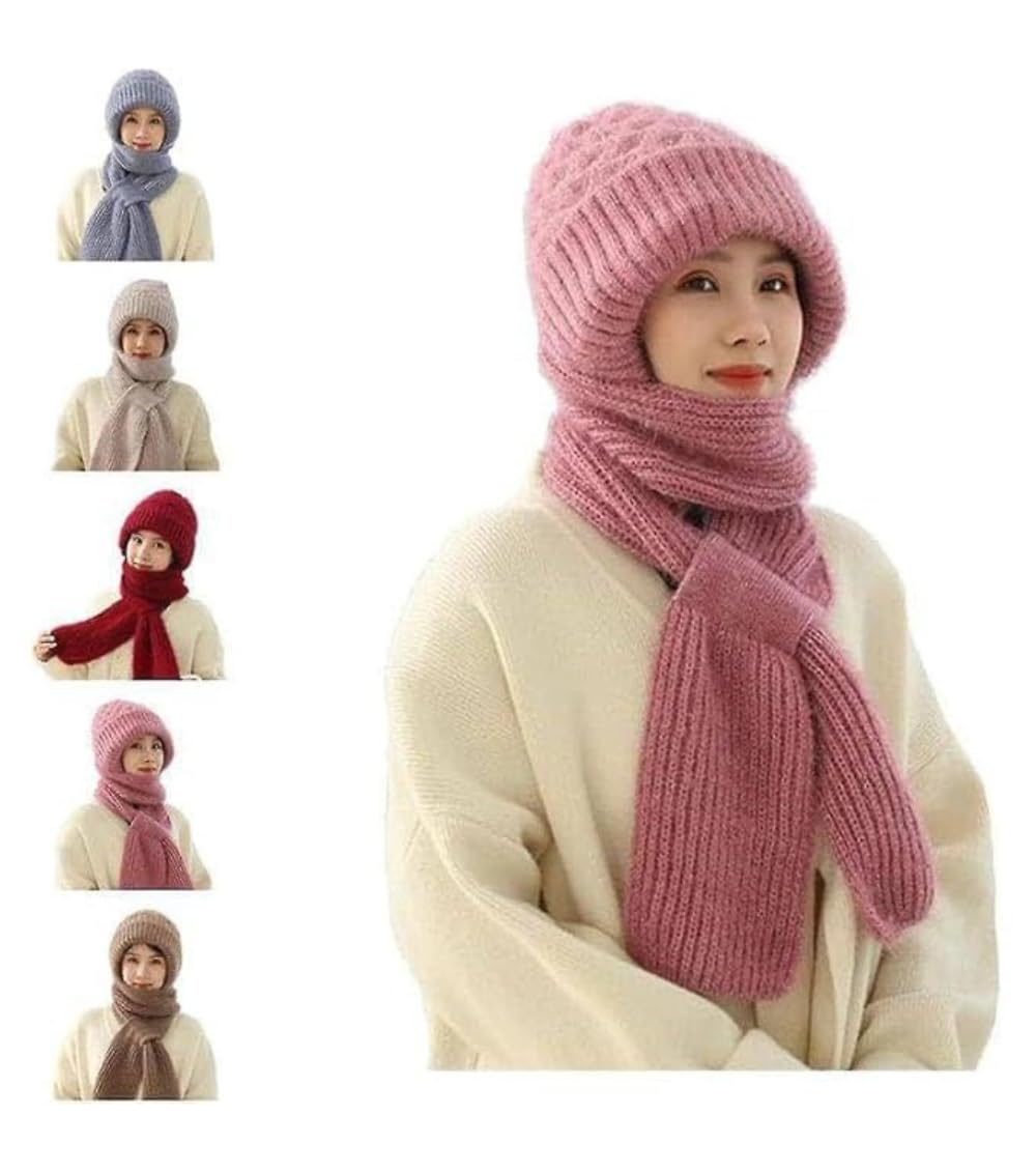 2-in-1 Winter Cap & Muffler for Women – Stylish Woolen Knitted Hat with Scarf, Ear Protection, Windproof & Warm, Multicolor Winter Wear for Women & Girls_Random Color Receive