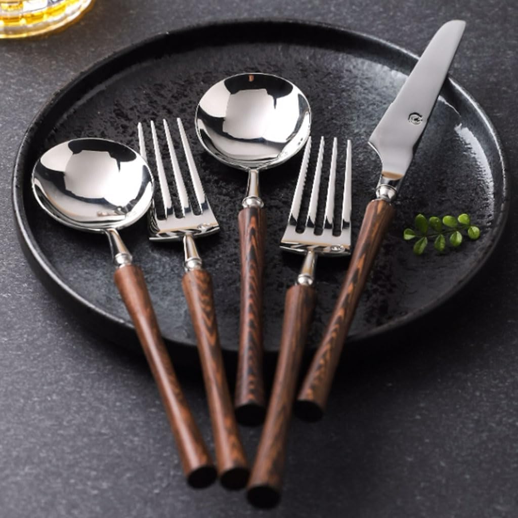 Rieort Ensemble d'argenterie Manche en Bois Couteau Fourchette cuillère 1/2/3 pièces Ensemble de Couverts fourchettes à dîner en Acier Inoxydable Service de Table rétro réutilisable