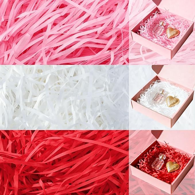 Shredded Paper Filler for Gift Wrapping, 3 Colors Pink Red White Crinkle Cut Tissue Paper Grass, Basket Box Filling for Valentine's Day Birthdays Wedding Party Supplies, 100g Each-image-34