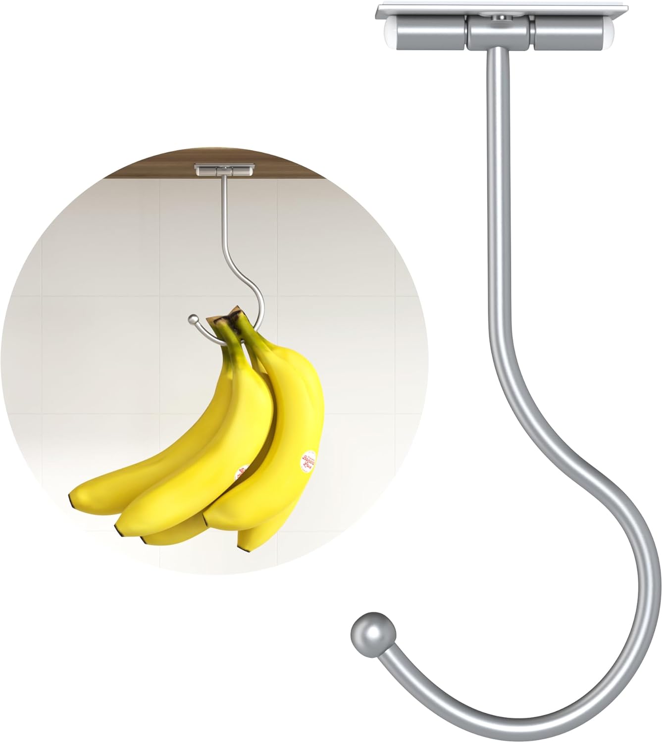 Modern Banana Hanger Hook Under Cabinet: Adhesive Banana Holder Silver, Foldable with Magnets When Not in Use, Under Counter Banana Hook, Stainless, Hold 13 LB Silver 1 Pack