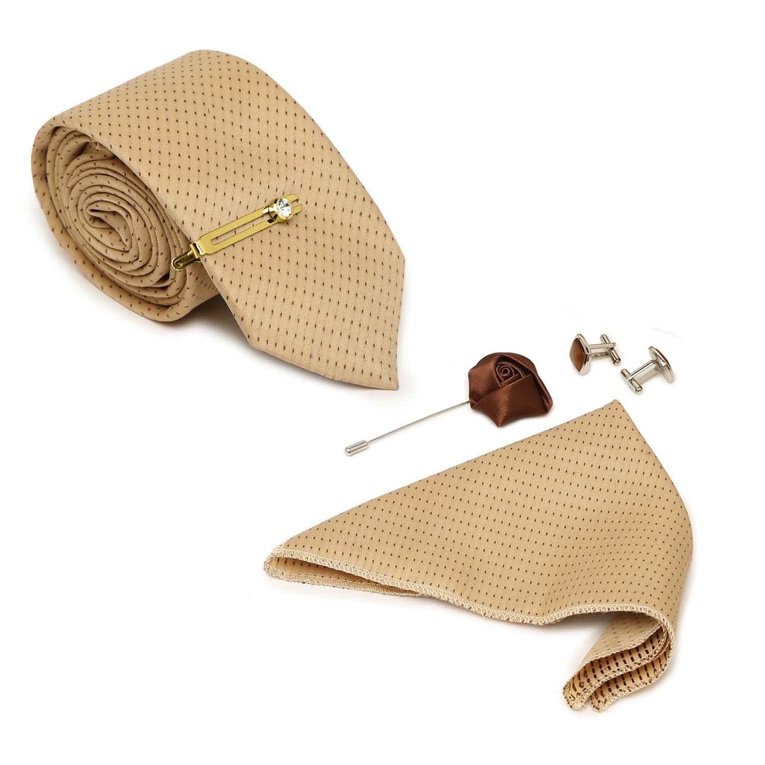 Mens Dotted Cream Woven Premium Silk Necktie Suit Accessories Set With Pocket Square Cufflinks Brooch Golden Tie Pin (TECM02GP)-image-18