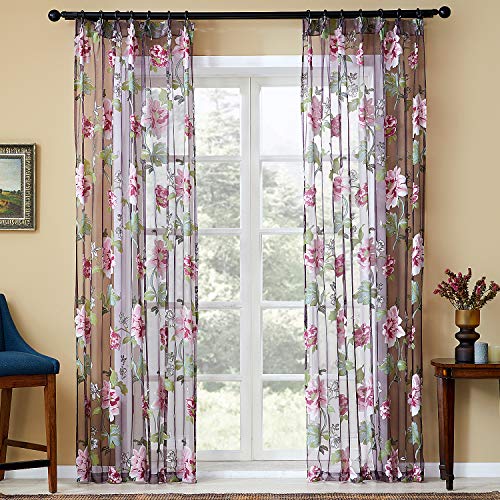 Topfinel レースカーテン UVカット 花柄 幅100x丈110cm 2枚組パープル