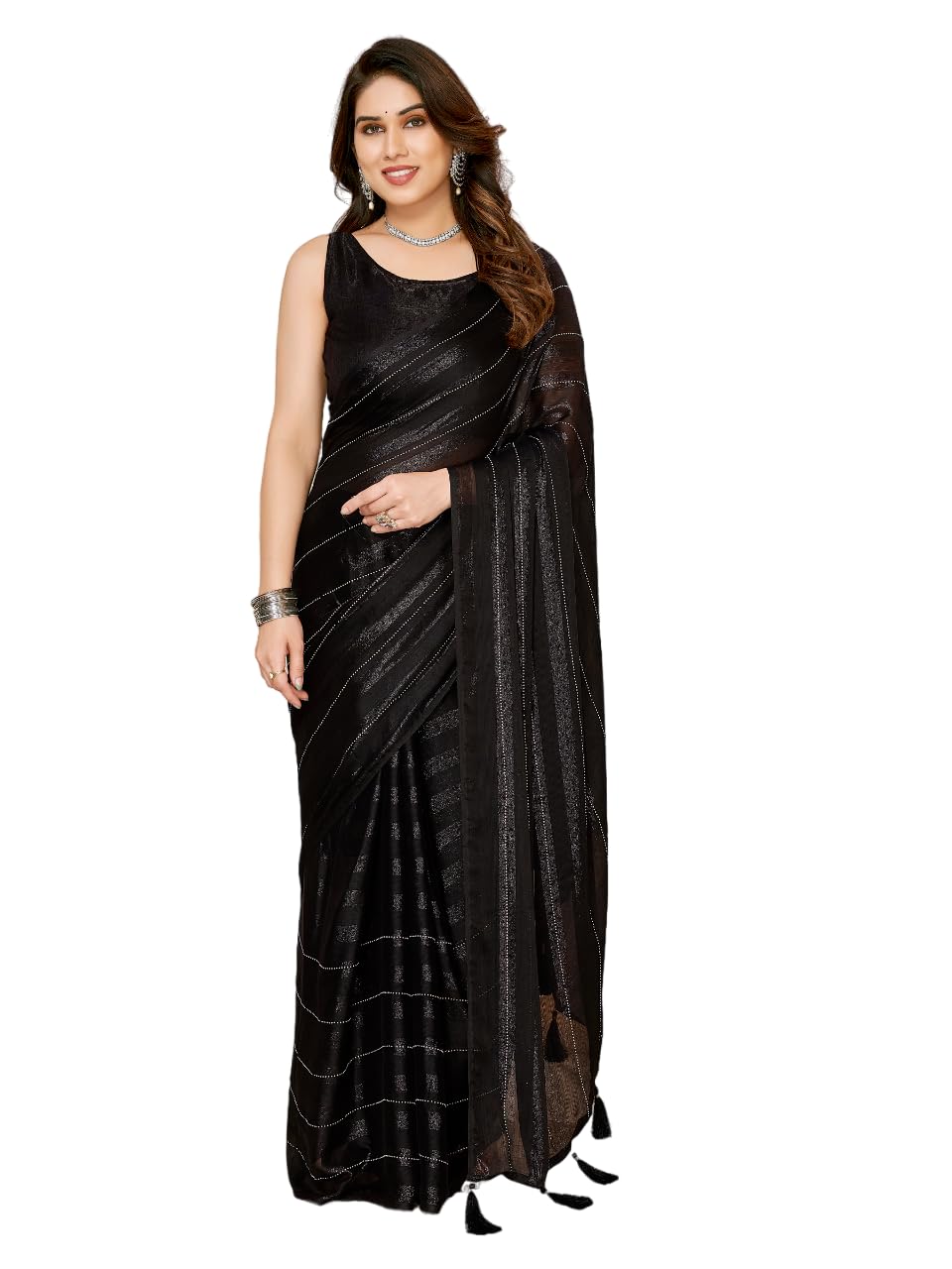 VAIRAGEE Women Soft Rimzim Silk Striped Pattern Ready To Wear Embroidery Saree (2055)