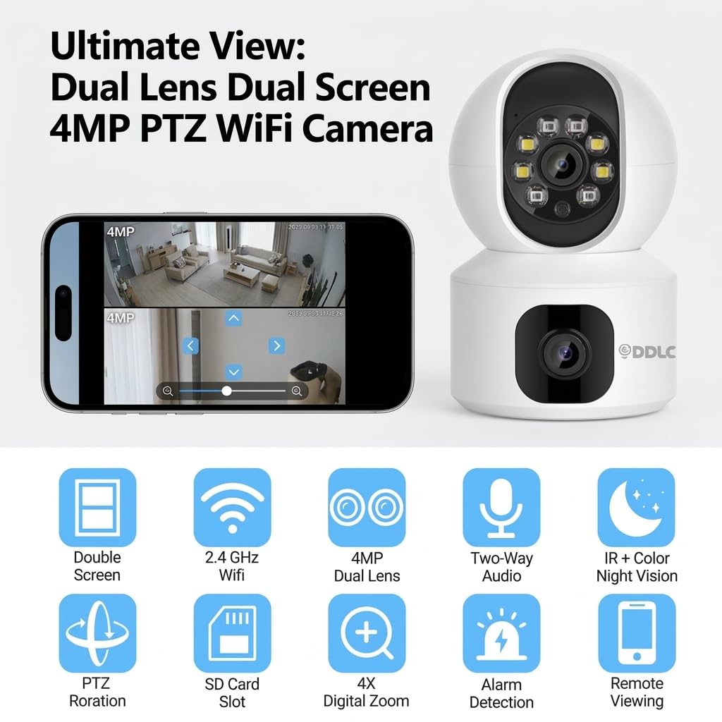 DDLC 5MP Indoor WiFi Smart CCTV Camera for Home | 1080p Full HD | Color Night Vision | Motion Detection | Two Way Audio | Wireless Home Security Camera with Mobile App V380 Pro (Upro Dual Lens)