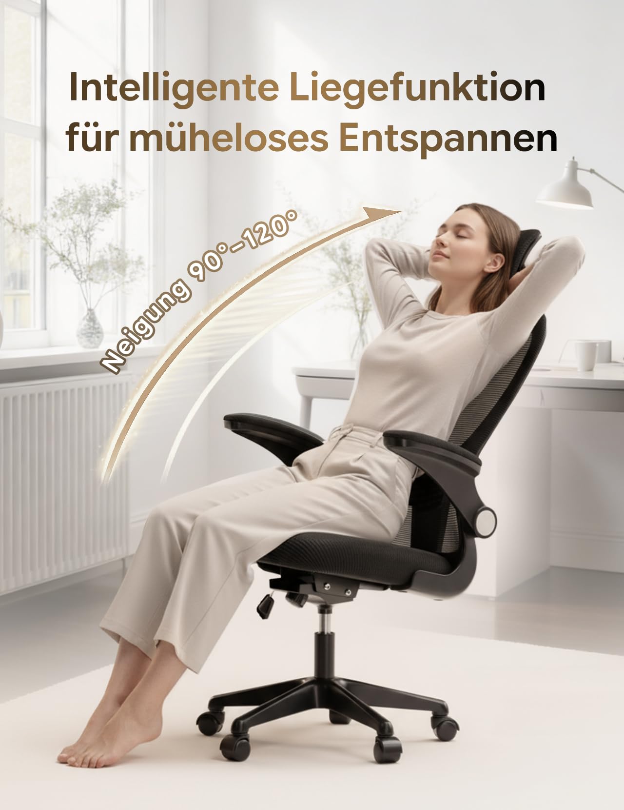 Bürostuhl, ergonomischer Schreibtischstuhl mit Verstellbarer Lendenwirbelstütze und Kopfstütze, Computerstuhl mit hoher Rückenlehne aus Netzgewebe und hochklappbaren Armlehnen