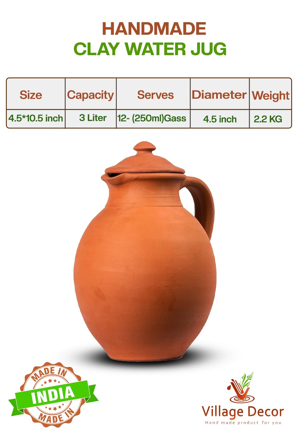 Village Decor Terracotta Water Jugs (3 Litre) - Image 2 thumbnail