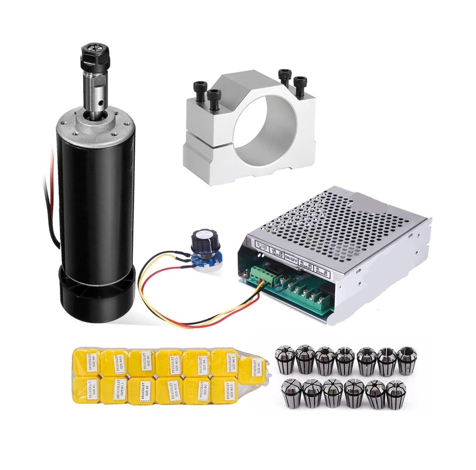 0.5kw Air Cooled Spindle 500W Spindle Motor ER11 Chuck CNC Spindle Motor+52mm Clamps+Power Supply Speed Governor for Engraving