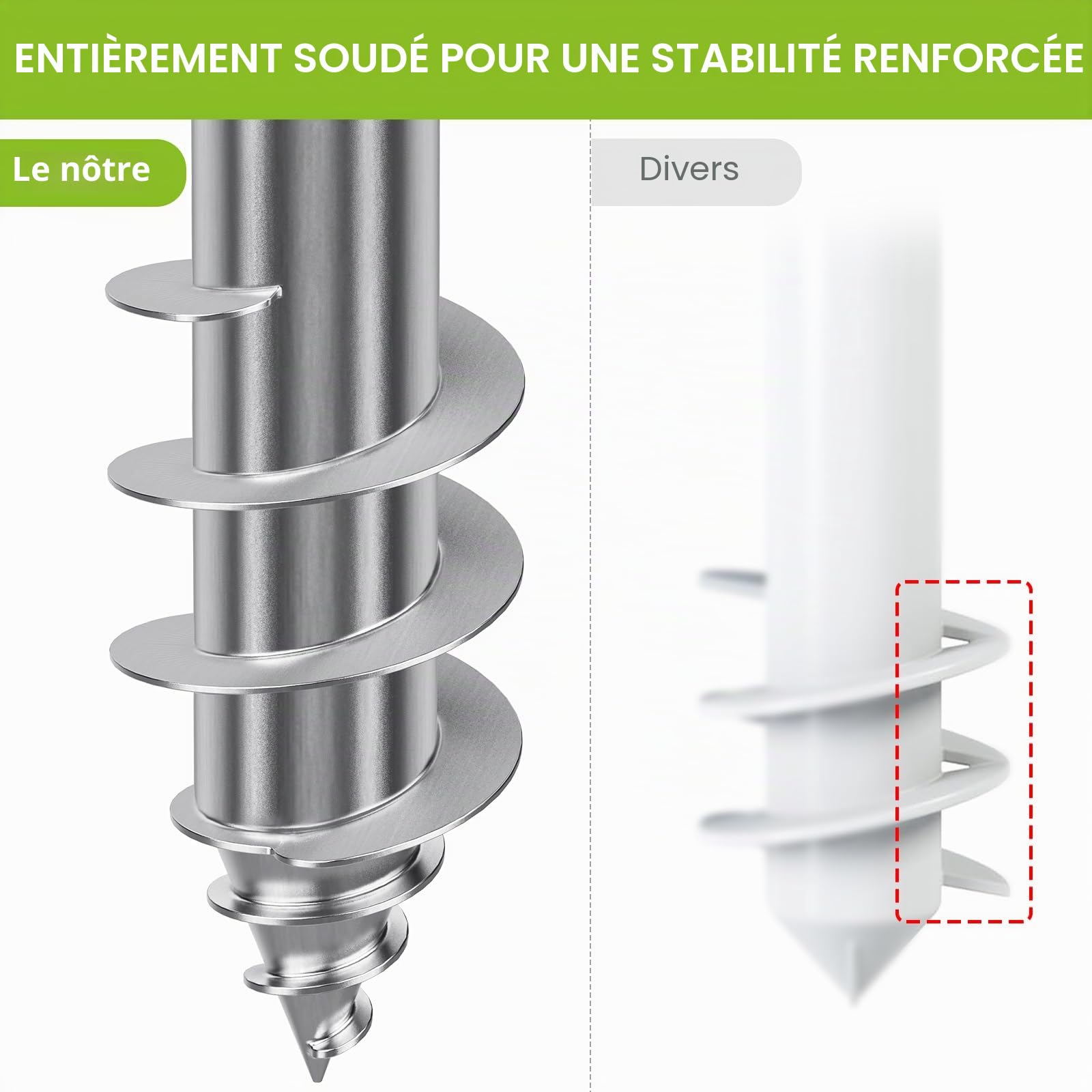 Dolibest Ancre de Sable pour Parasol de Plage en Acier Robuste (3 Manchons, mâts 2,5–5,1 cm) – Piquet Coupe-Vent à Spirale soudée pour Une stabilité optimale