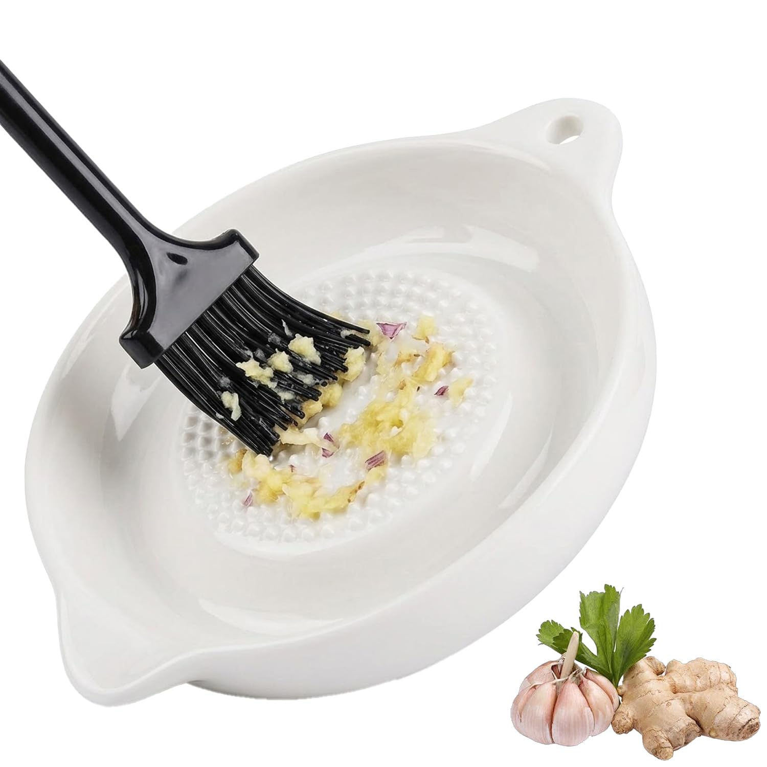 Garlic Grater Plate, Ceramic Ginger Garlic Grater with Mini Brush, Premium Porcelain Grating Plate for Ginger Garlic Onion & Spices, Easy to Clean Dishwasher Safe Kitchen Tool, White