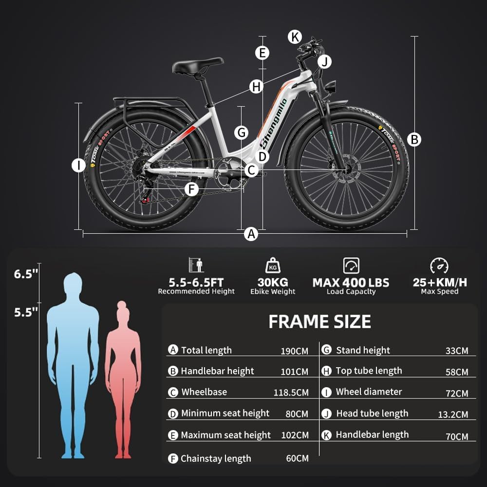 Shengmilo MX06 Bicicletta Elettrica Uomo/Donna, 80N.M, 26 Pollici Pneumatico Largo, Cambio a 7 Marce, Batteria 48V17.5AH, City Bike