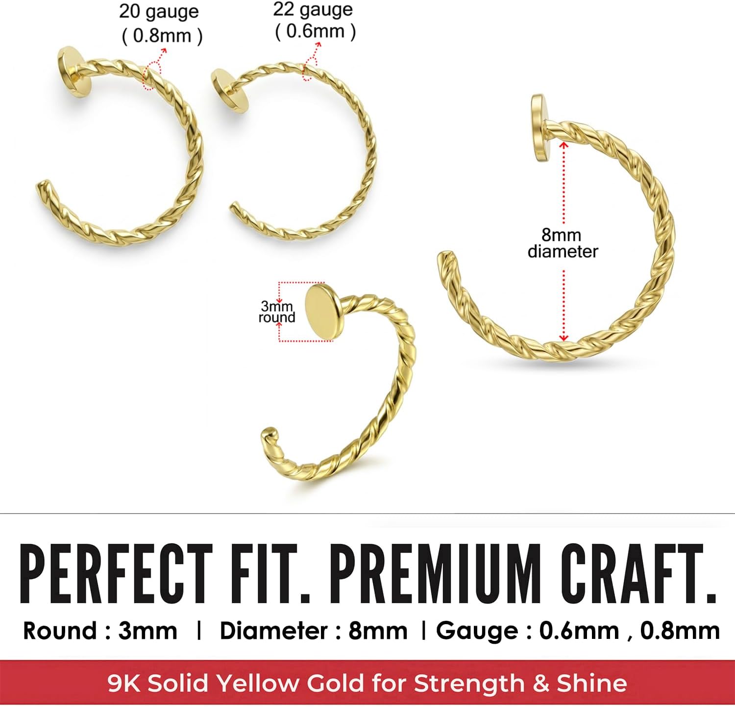 9K Solid Yellow Gold 20 Gauge, 22 Gauge Button Top Laser Cut Twister Open Hoop Nose Ring - Cartilage - Daith - Rook - Lobe - Conch Piercing Body Jewelry