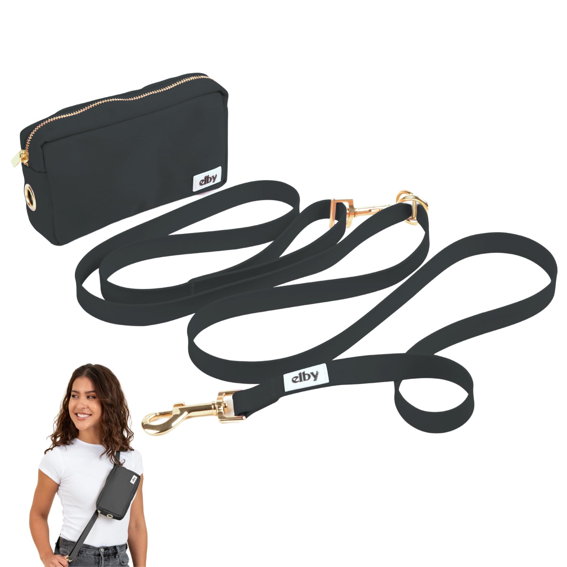 elbyHands Free Dog Leash with Dog Treat Pouch - Dog Walking Accessories - Dog Training Leash with Fanny Pack - Dog Accessories and Walking Essentials - Medium and Large Dogs (Black, Regular)