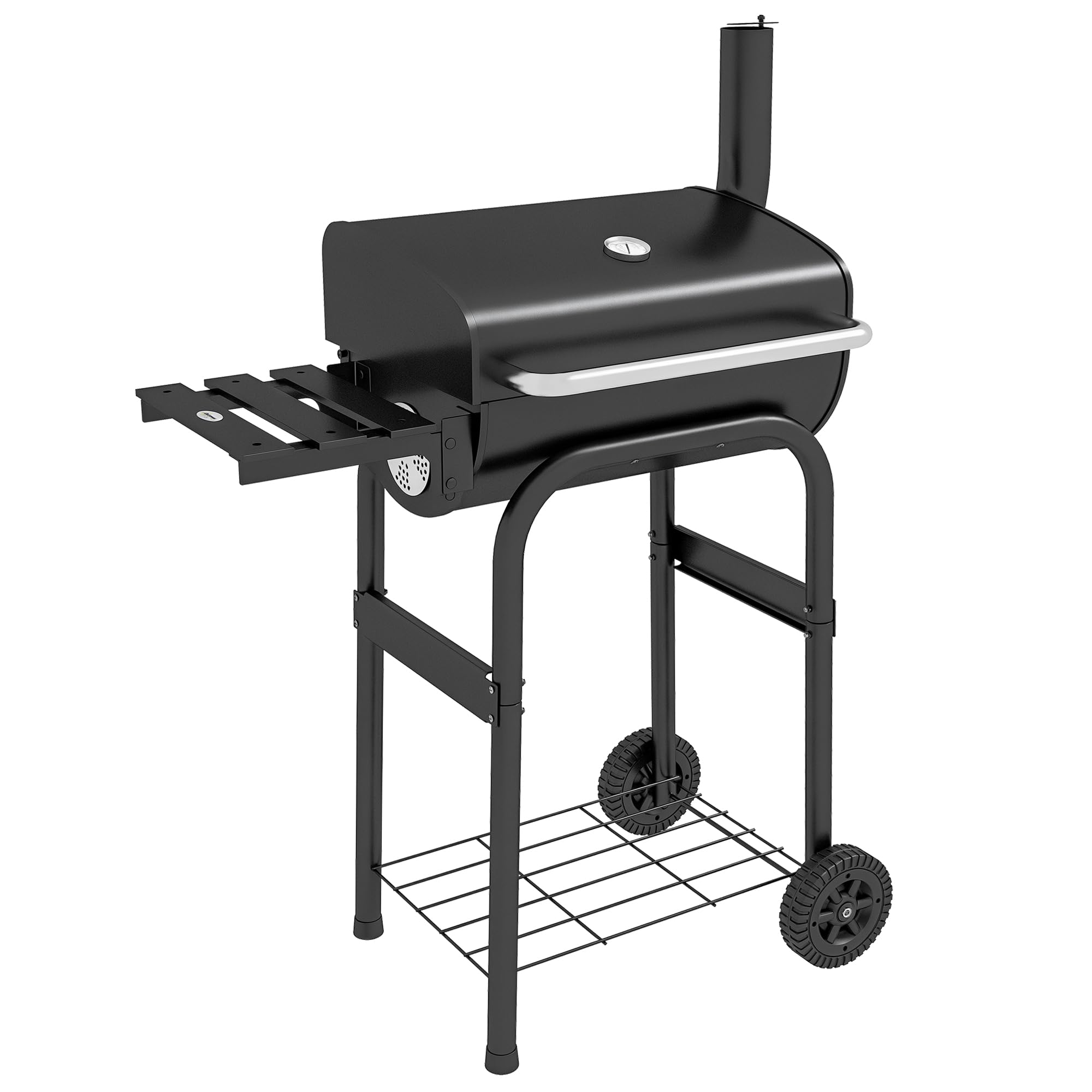 Outsunny Barbecue au charbon de bois chariot de BBQ, avec étagères, roulettes, couvercle, thermomètre, cheminée, en métal noir
