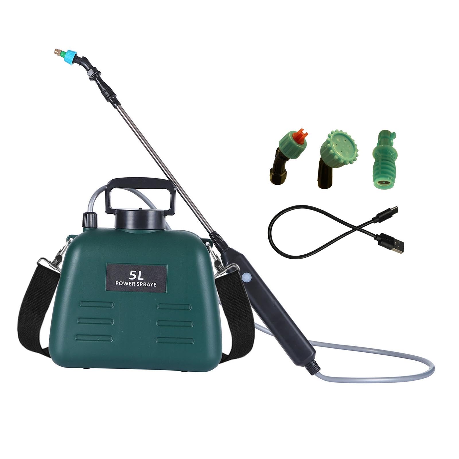 Spruzzatore Portatile Elettrico con Asta Retrattile Serbatoio 5L 3 Ugelli Multifunzione Tracolla Regolabile Adatto a Giardinaggio Pulizia Domestica, Verde
