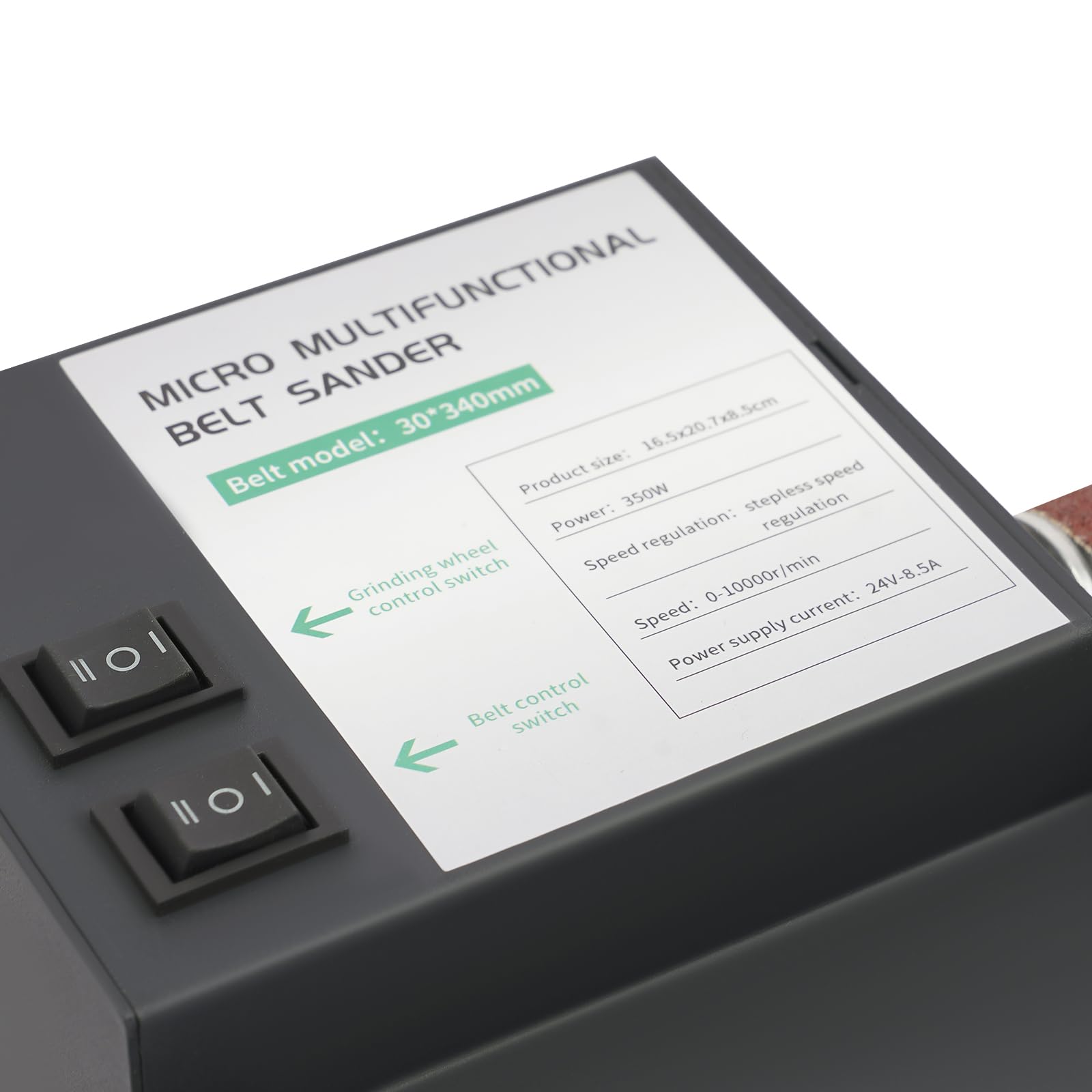 Lijadora de banda de 350 W, con 10 bandas de lijado y adaptador de red, velocidad 0-10.000 rpm, para bandas de lijado de 30 x 340 mm