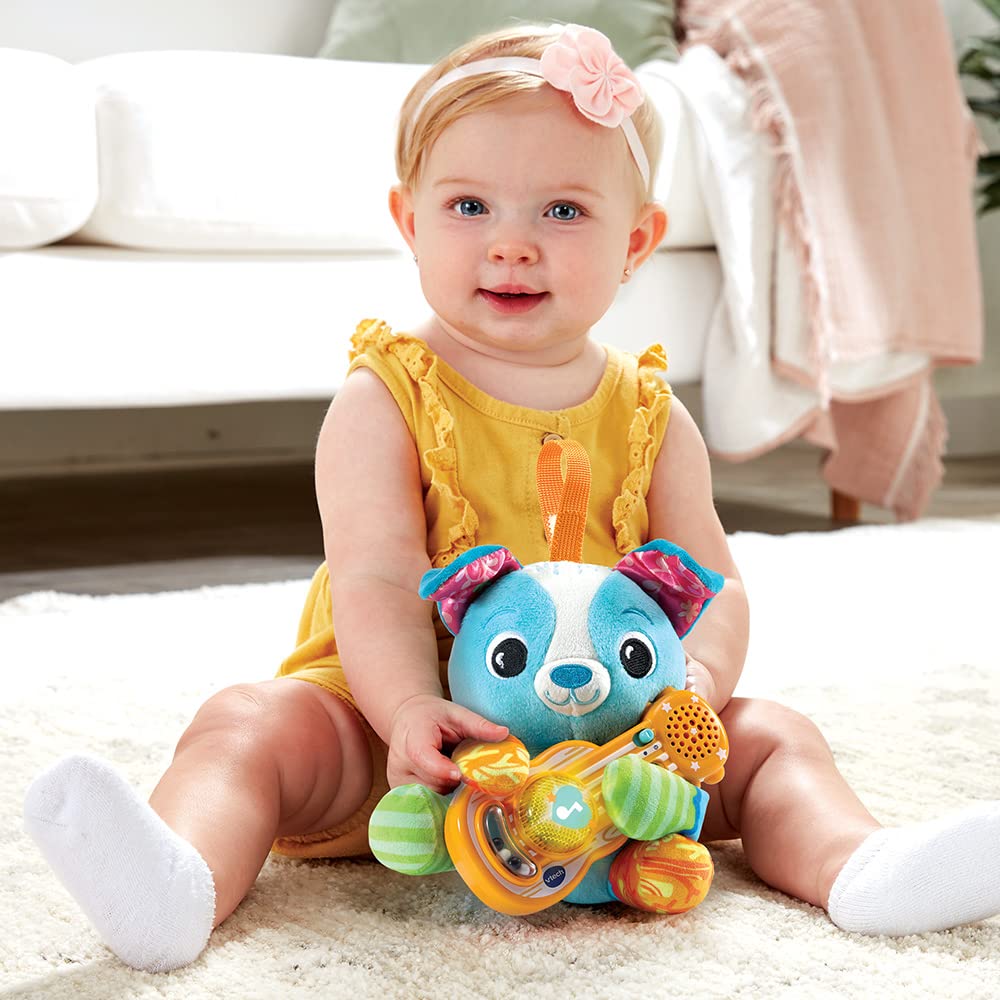 VTech - Tango, P'tit Musician Dog, Pluszowy szczeniak dziecka z interaktywną gitarą, budzenie muzyczne, zabawka do wózka, fotelik samochodowy i park dla niemowląt, prezent dla dzieci od 3 miesięcy -