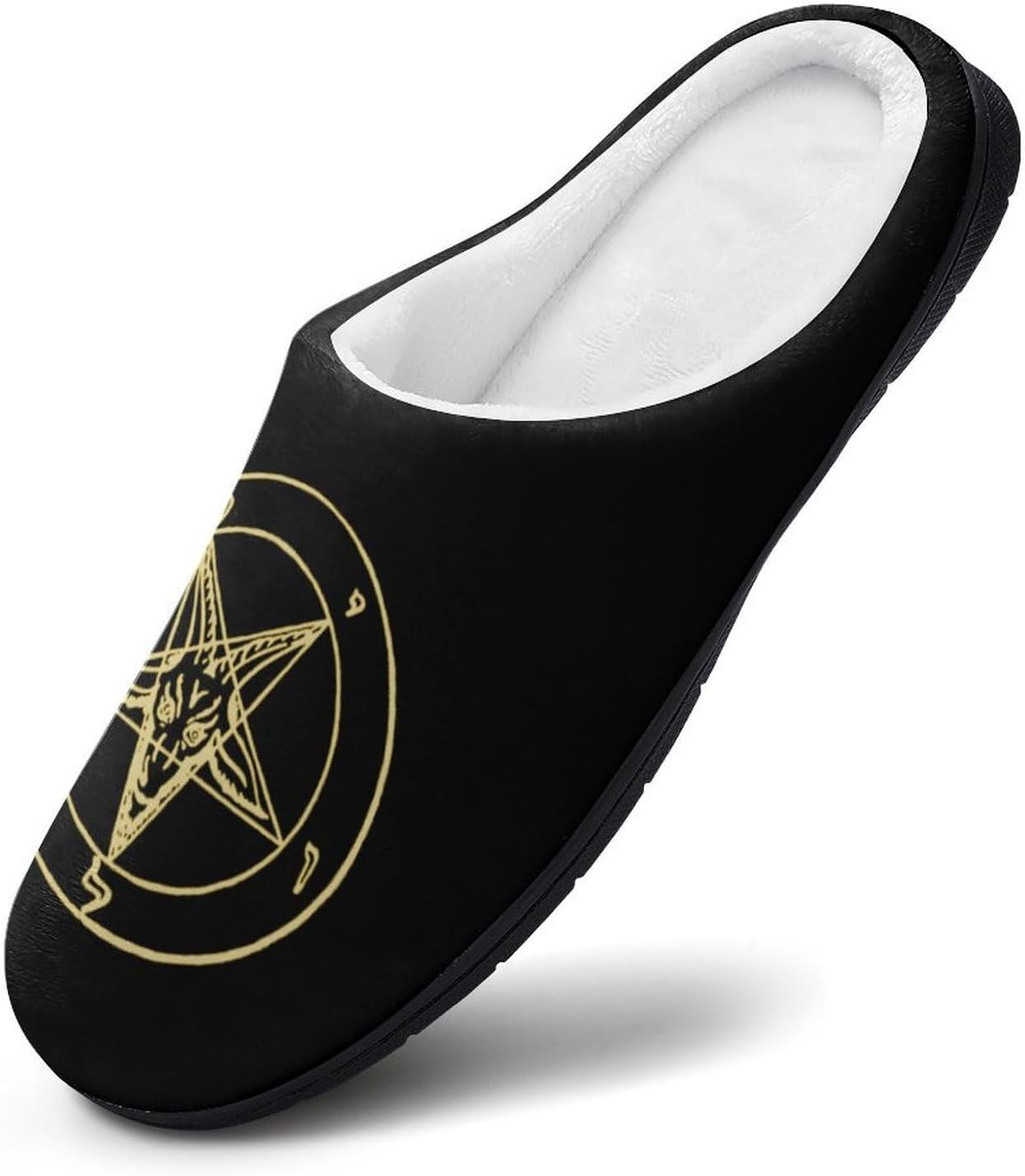 Gold Baphomet Inverted Pentacle Pewter Satanic Goat Women's House Slippers Memory Foam Warm Shoes Spa Rubber Sole Indoor Outdoor
