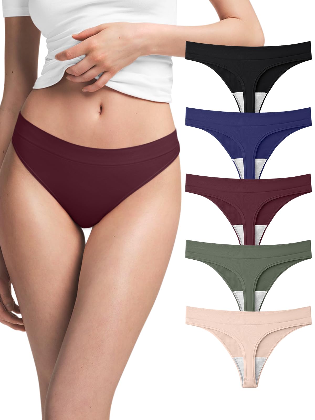 REORIA High Waisted Thongs for Women Breathable Seamless Thong Panties Sexy No Show Underwear 5 Pack