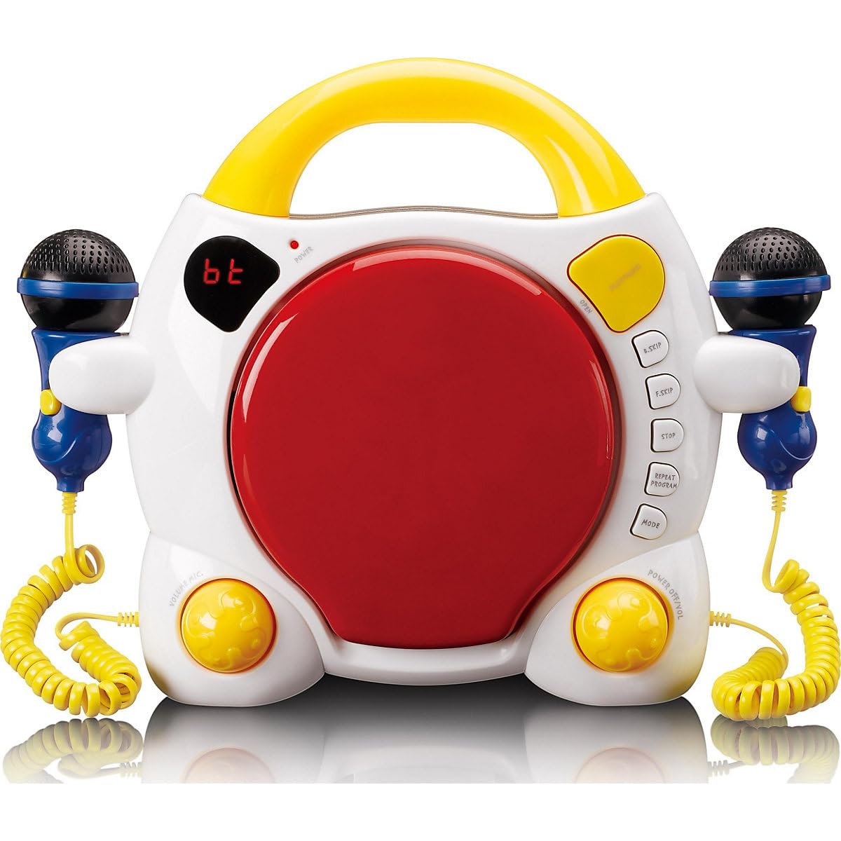 Lenco KCD-011 Lecteur CD Sing Along pour Enfants -Bluetooth 5.0 - Antishock -Ecran LED -Mémoire des Pistes - 2 Microphones pour Karaoké-Fonctionne sur Courant Alternatif ou Batterie- avec Autocollants
