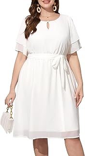 Plus Size Dresses for Wedding Guest - Semi Formal Cocktail Chiffon Keyhole Neck Knee Length Dress - Buy now