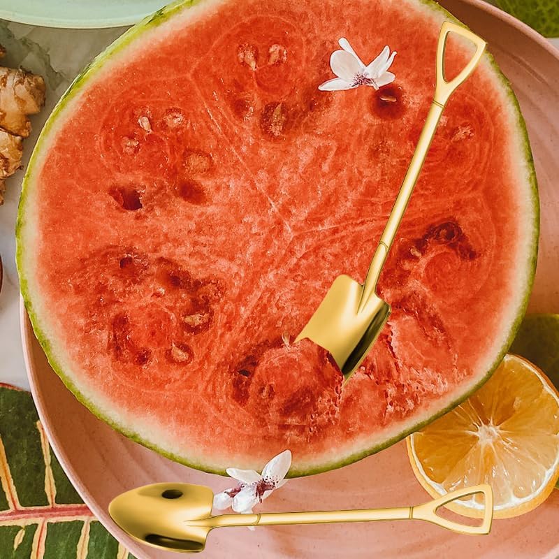 Miniatura 3 de Juego de 2 cucharas de pala dorada para postres para café, té, cucharas de pomelo, juego de 2 cucharas planas para helados, regalos para amantes del