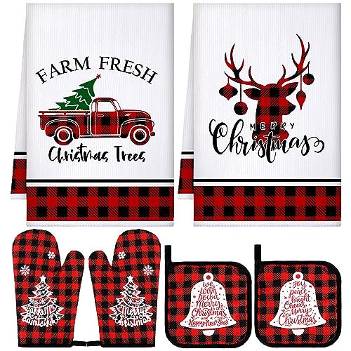 Bencailor 6 Pcs Christmas Kitchen Set Christmas Tree Kitchen Towels Oven Mitts and Pot...