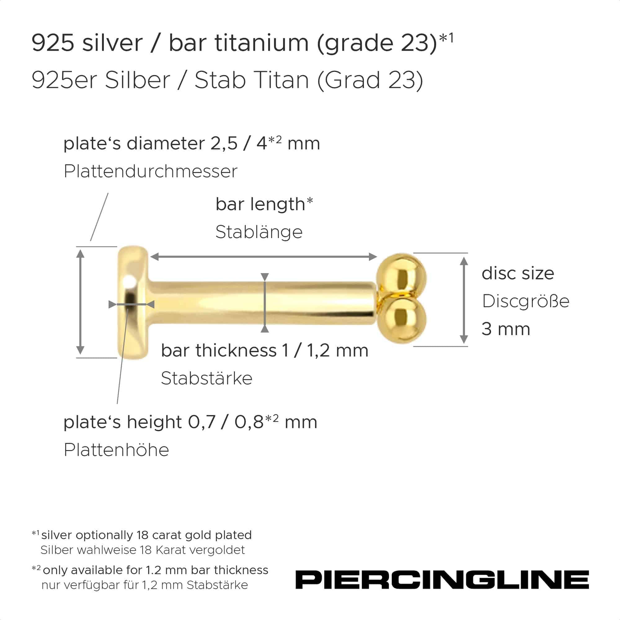 PIERCINGLINE Piercing Stecker Titan Labret mit Innengewinde + 925er Silber Aufsatz 3 KUGELN - Goldfarben, Silberfarben