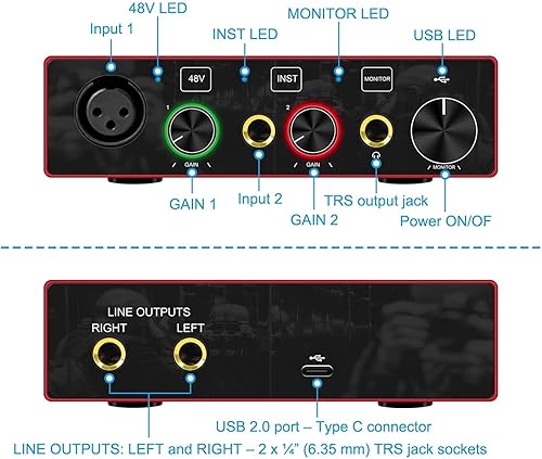 Miniatura 8 de Interfaz de audio USB con preamplificador de micrófono, grabadora mezcladora de audio USB con alimentación fantasma de 48 V, 24 bits, soporte para