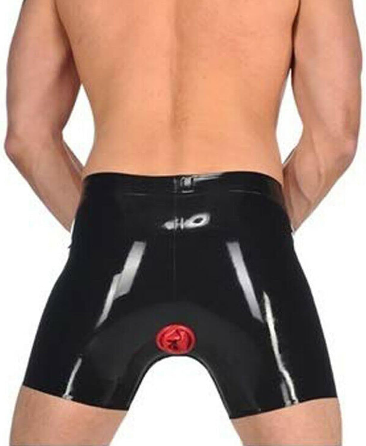 Men Black Latex Shorts Half Pants Front Crotch Zipper with Red Anus Anal Condom Middle Trousers Tight High Elastic