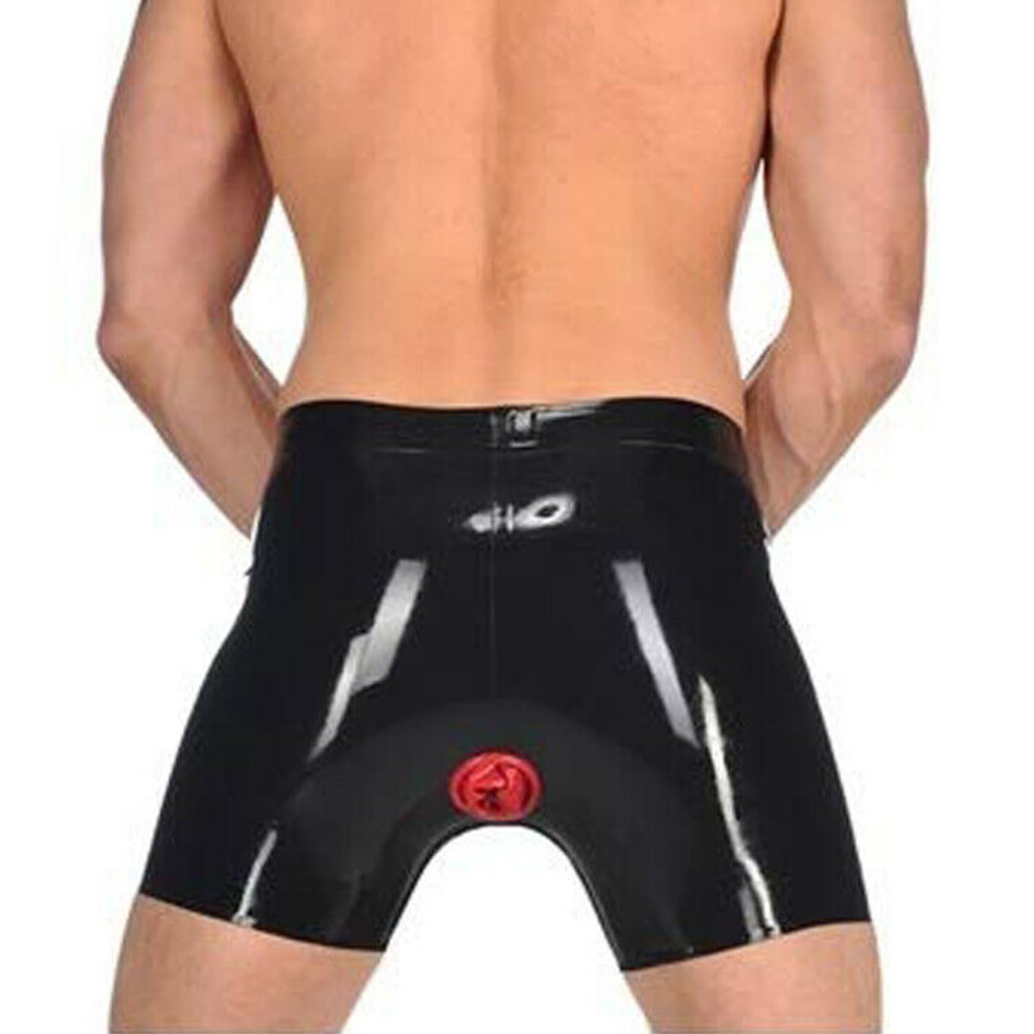 Short en latex noir pour homme avec fermeture éclair à l'entrejambe avant avec anus rouge anal préservatif moyen pantalon serré haute élastique