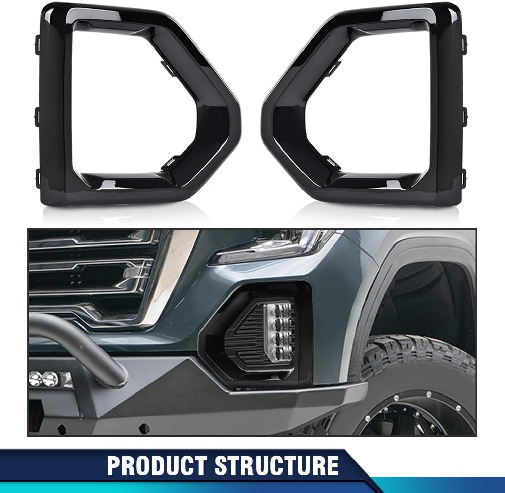 PIT66 Glossy Black Front Fog Light Outer Bezel Cover Set, Compatible with GMC Sierra 2019-2021 Denali SLT AT4 (NOT fit SLE, Base or Elevation Models) 84176753, 84176752