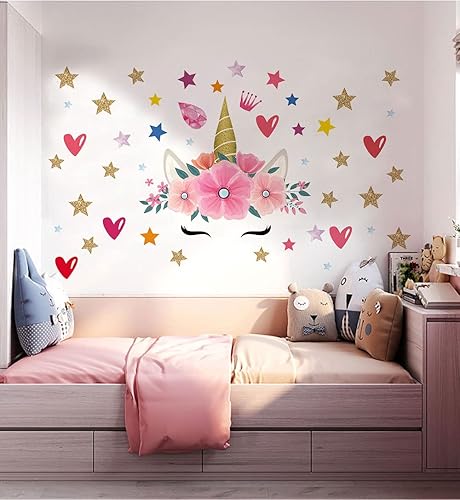 Calcomanías de pared de cuerno de unicornio, decoración rosa, cara de unicornio, estrella de corazón, calcomanías de pared para dormitorio de niña,