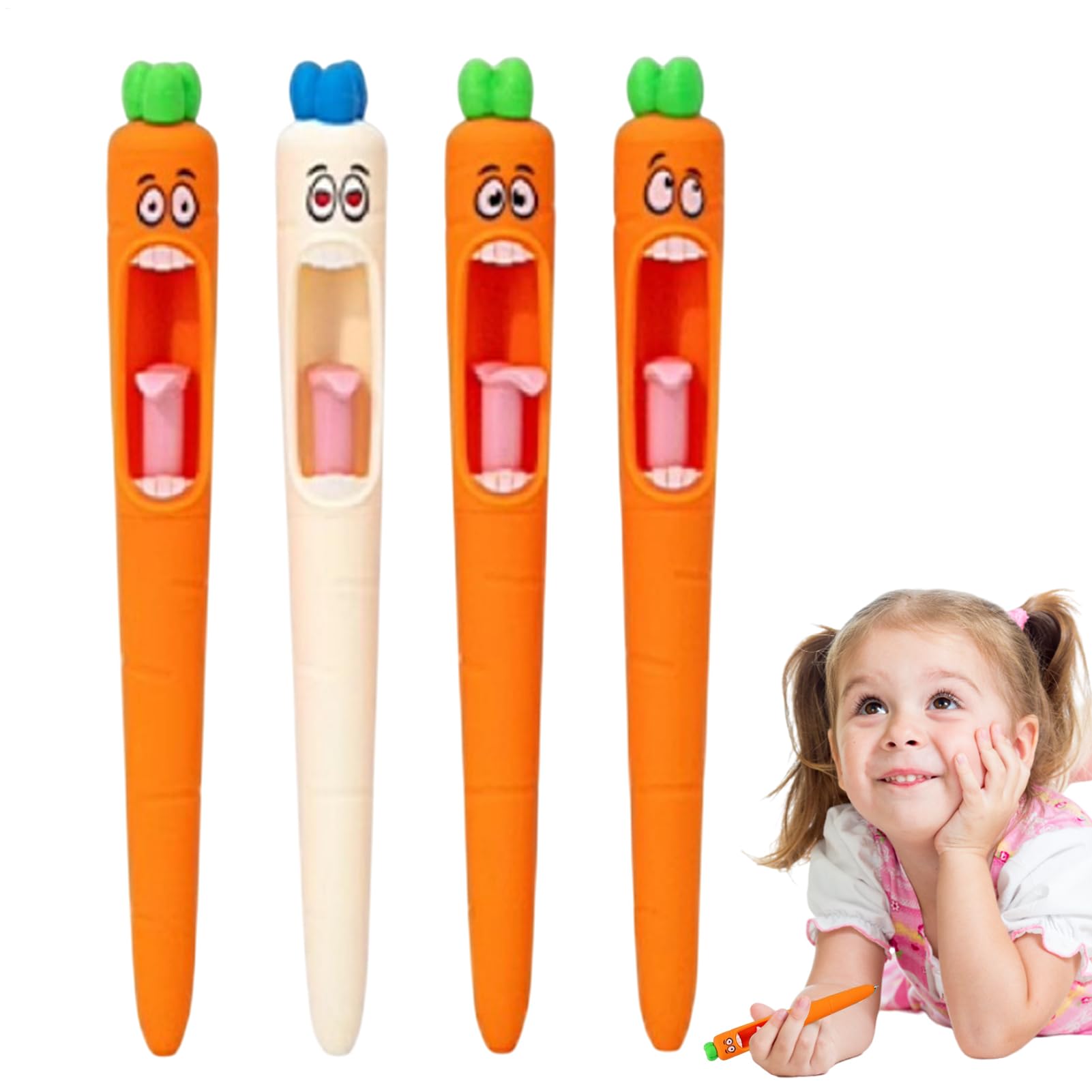 Carrot Ink Pen, 4 Pieces Screaming Carrot Black Ink Writing Pen -Silicone Tongue Pressing Quick Drying Pens, Creative Vegetable Fun Pens, Office School Supplies for Students Teachers Coworkers