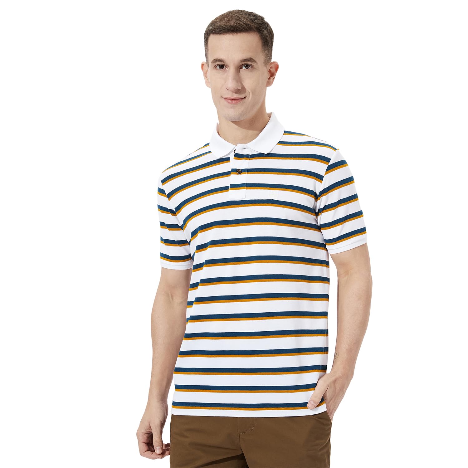 FAHRENHEITMen's Casual Polycotton Half Sleeves Regular Fit Stripe Pique Polo T-Shirt